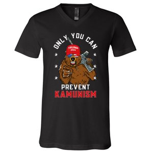 Trump Bearmaga 2024 Only You Can Prevent Kamunism V-Neck T-Shirt