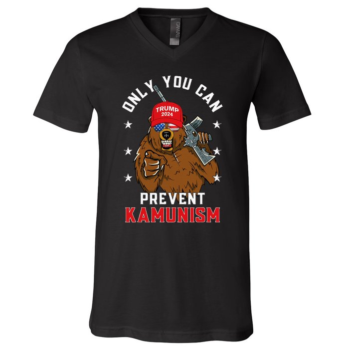 Trump Bearmaga 2024 Only You Can Prevent Kamunism V-Neck T-Shirt