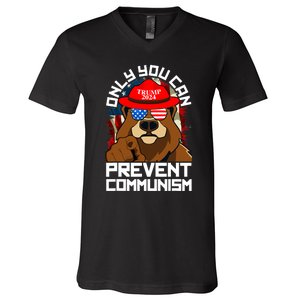 Trump Bear 45 47 MAGA 2024 Only You Can Prevent Communism V-Neck T-Shirt