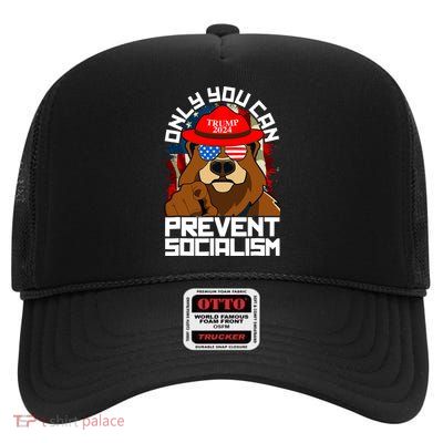 Trump Bear 45 47 MAGA 2024 Only You Can Prevent Socialism High Crown Mesh Back Trucker Hat