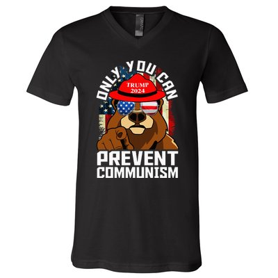 Trump Bear 45 47 MAGA 2024 Only You Can Prevent Socialism V-Neck T-Shirt