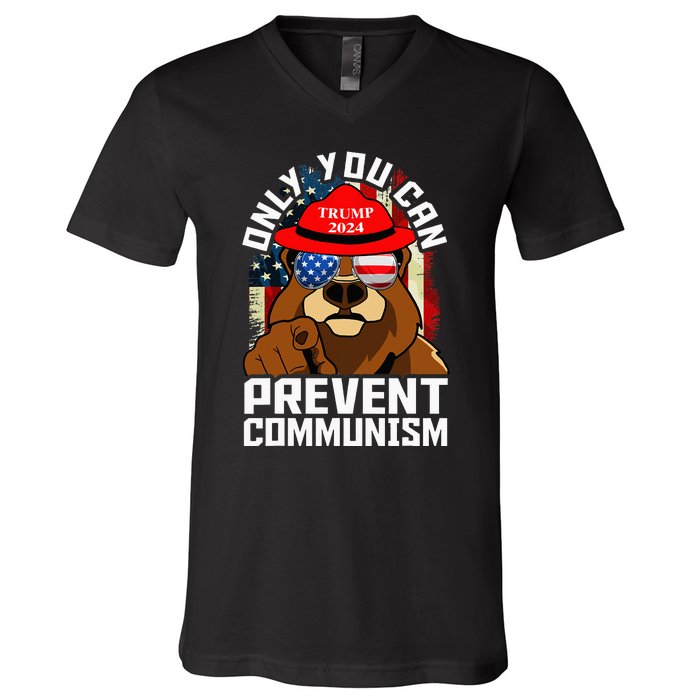 Trump Bear 45 47 MAGA 2024 Only You Can Prevent Socialism V-Neck T-Shirt