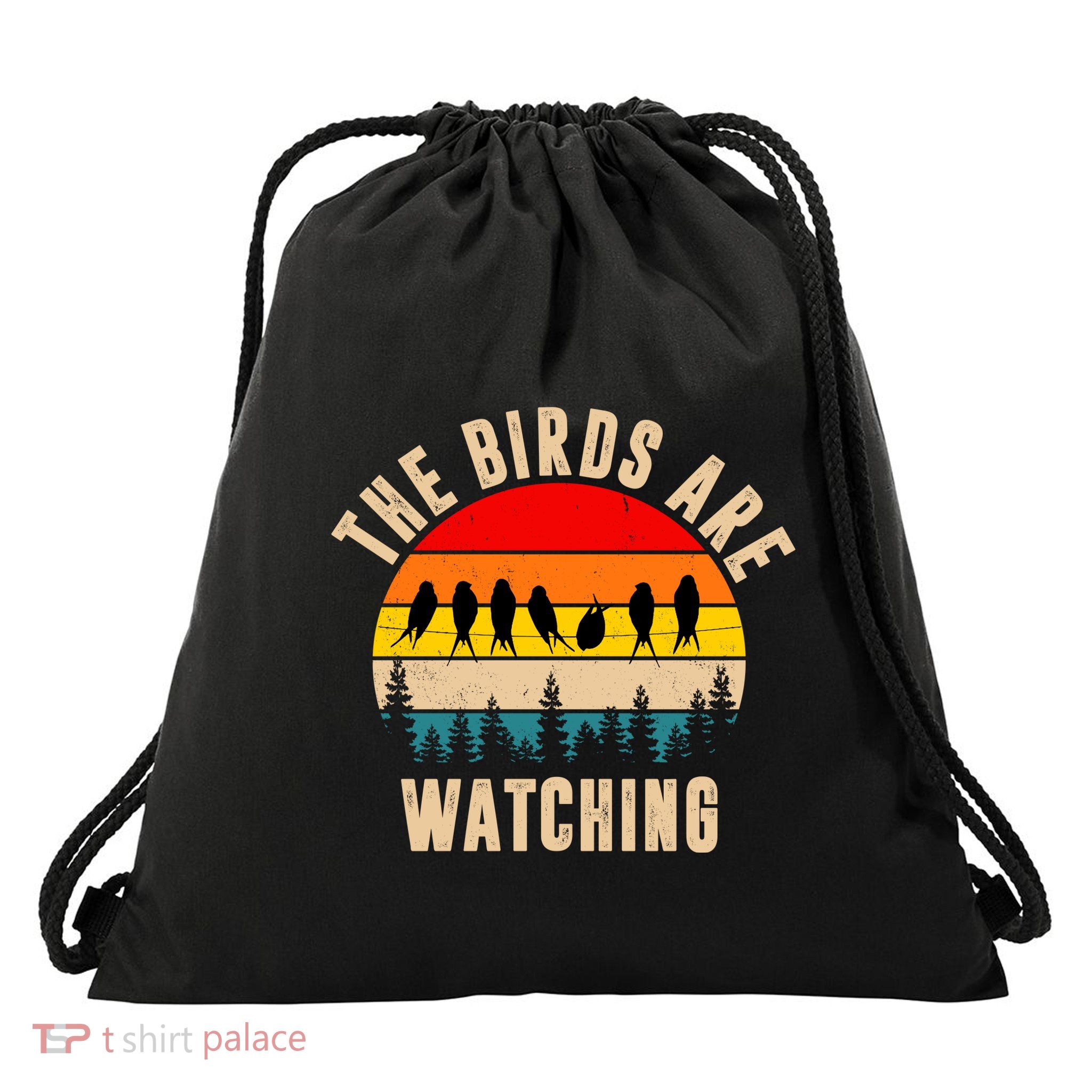 The Birds Are Watching Vintage Sunset Drawstring Bag
