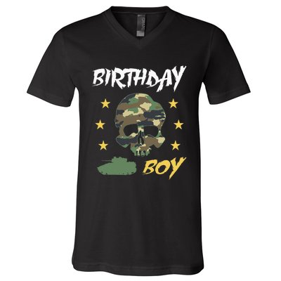 Tank Birthday Army Camouflage Skull Military V-Neck T-Shirt