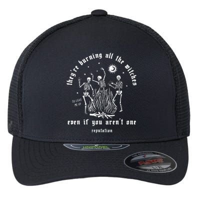 TheyRe Burning All The Witches Halloween Skeleton Dancing Flexfit Unipanel Trucker Cap