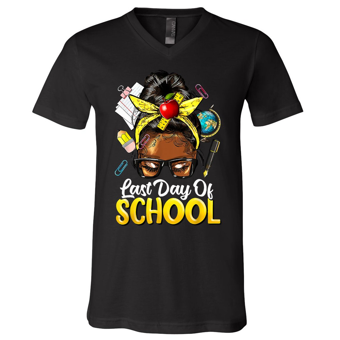 Teacher Black Afro African American Last Day Of School V-Neck T-Shirt
