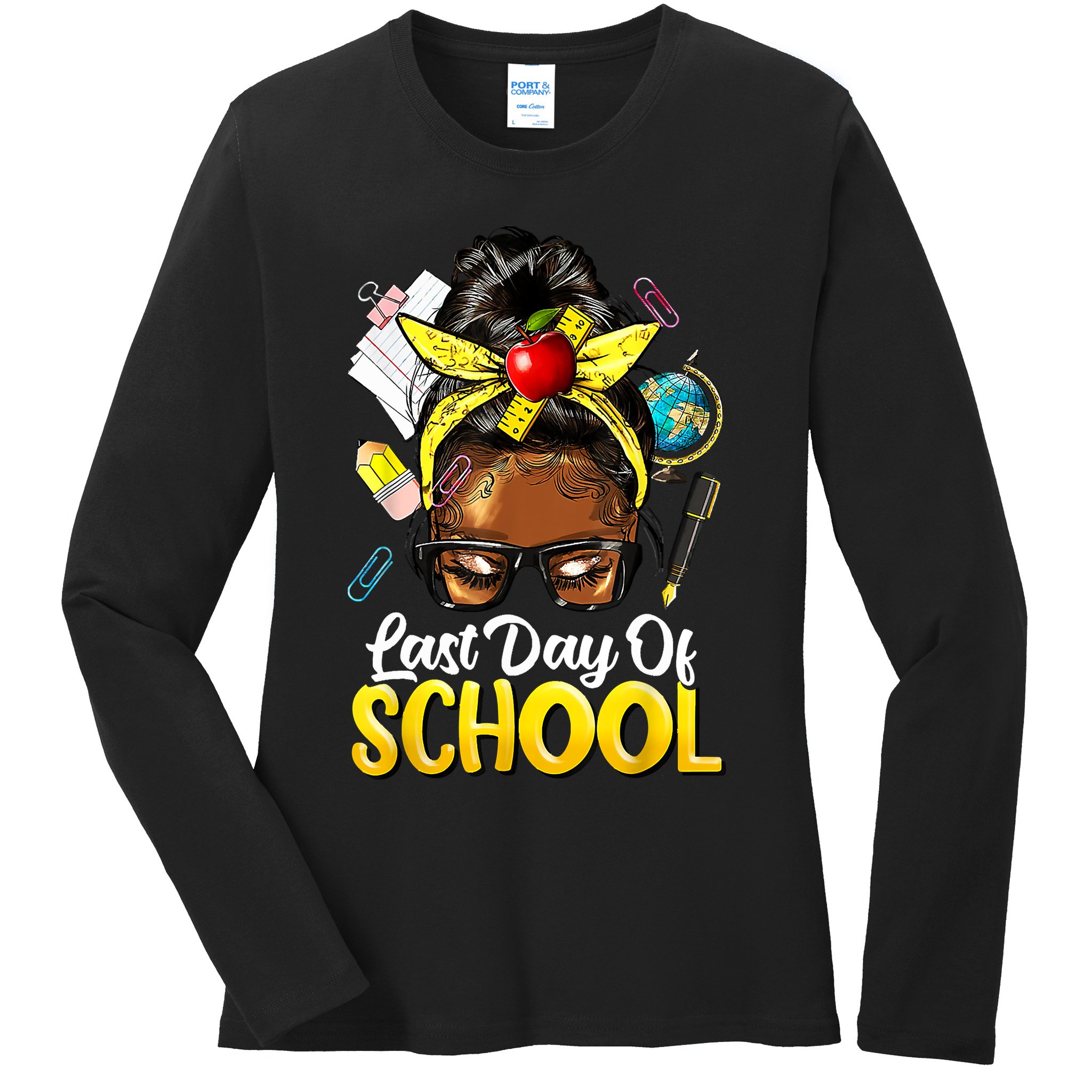 Teacher Black Afro African American Last Day Of School Ladies Long Sleeve Shirt