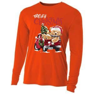 Teddy Bear And Christmas Tree In Red Truck Gift Cooling Performance Long Sleeve Crew