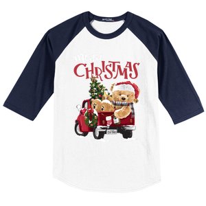 Teddy Bear And Christmas Tree In Red Truck Gift Baseball Sleeve Shirt