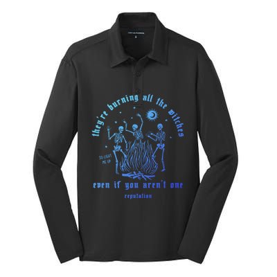 TheyRe Burning All The Witches Halloween Skeleton Dancing Gift Silk Touch Performance Long Sleeve Polo