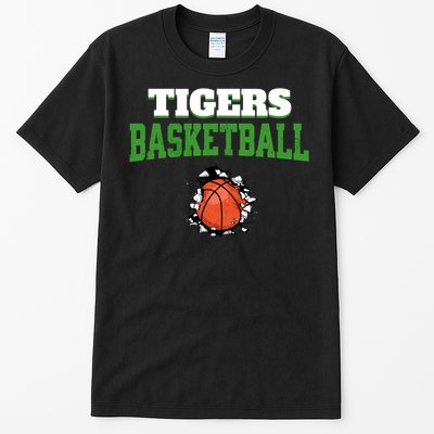 Tigers Basketball Ball Thru Wall Tall T-Shirt