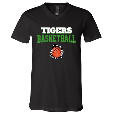 Tigers Basketball Ball Thru Wall V-Neck T-Shirt