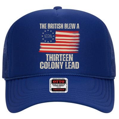 The British Blew A 13 Colony Lead Funny 4th Of July High Crown Mesh Back Trucker Hat