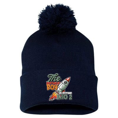 The Birthday Boy Blasting Into 2 Rocket Space Raglan Baseball Pom Pom 12in Knit Beanie