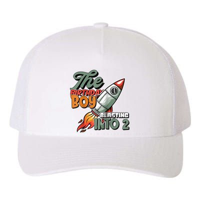 The Birthday Boy Blasting Into 2 Rocket Space Raglan Baseball Yupoong Adult 5-Panel Trucker Hat