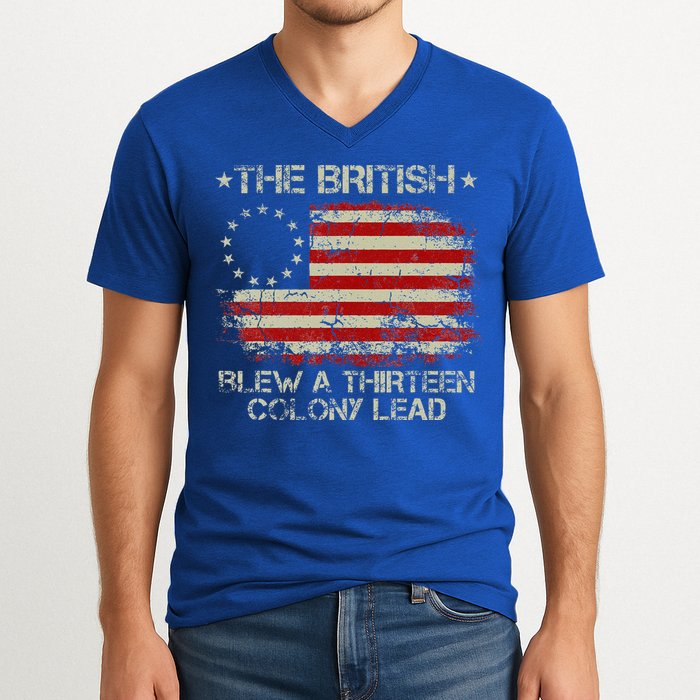 The British Blew A 13 Colony Lead 4th Of July Us Flag V-Neck T-Shirt