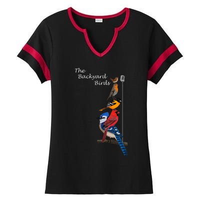 The Backyard Birds Blue Jay Cardinal Wren Bird Birdwatcher Ladies Halftime Notch Neck Tee