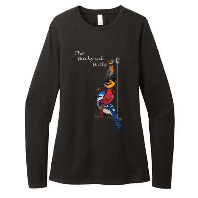 The Backyard Birds Blue Jay Cardinal Wren Bird Birdwatcher Womens CVC Long Sleeve Shirt