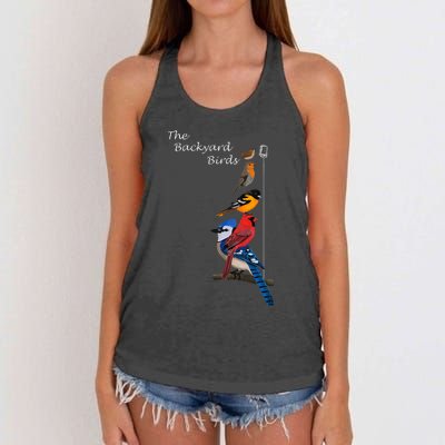 The Backyard Birds Blue Jay Cardinal Wren Bird Birdwatcher Women's Knotted Racerback Tank