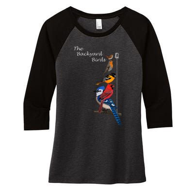 The Backyard Birds Blue Jay Cardinal Wren Bird Birdwatcher Women's Tri-Blend 3/4-Sleeve Raglan Shirt