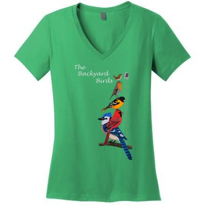 The Backyard Birds Blue Jay Cardinal Wren Bird Birdwatcher Women's V-Neck T-Shirt