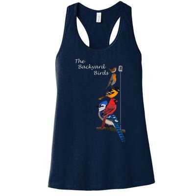 The Backyard Birds Blue Jay Cardinal Wren Bird Birdwatcher Women's Racerback Tank