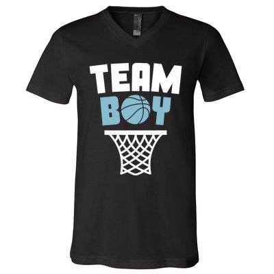 Team Boy Basketball Gender Reveal Blue Baby Shower Party V-Neck T-Shirt