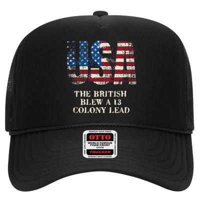 The British Blew A 13 Colony Lead Funny 4th Of July High Crown Mesh Back Trucker Hat