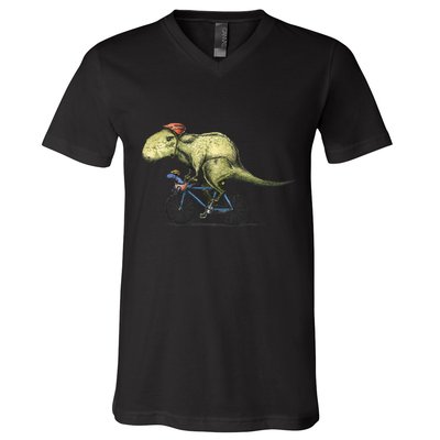 Trex Bikers Bicycle Riding Dinosaur Design V-Neck T-Shirt
