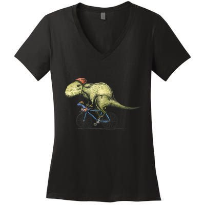 Trex Bikers Bicycle Riding Dinosaur Design Women's V-Neck T-Shirt