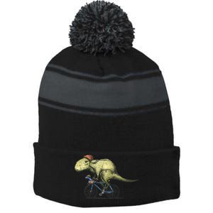 Trex Bikers Bicycle Riding Dinosaur Design Stripe Pom Pom Beanie