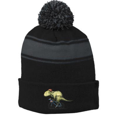 Trex Bikers Bicycle Riding Dinosaur Design Stripe Pom Pom Beanie