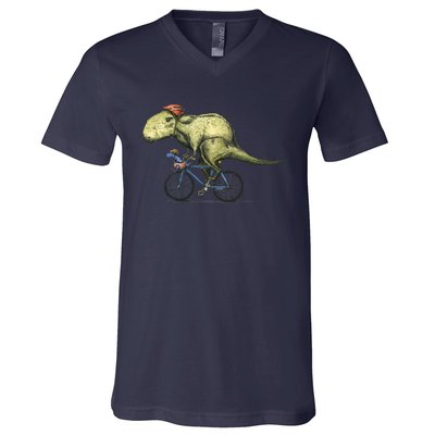 Trex Bikers Bicycle Riding Dinosaur Design V-Neck T-Shirt