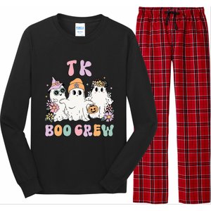 Tk Boo Crew Retro Groovy Halloween Floral Ghost Tk Teacher Long Sleeve Pajama Set