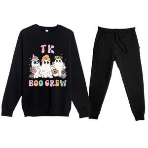 Tk Boo Crew Retro Groovy Halloween Floral Ghost Tk Teacher Premium Crewneck Sweatsuit Set