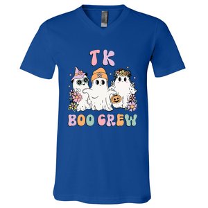 Tk Boo Crew Retro Groovy Halloween Floral Ghost Tk Teacher V-Neck T-Shirt