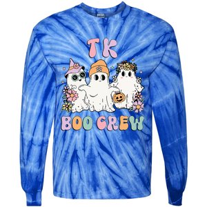 Tk Boo Crew Retro Groovy Halloween Floral Ghost Tk Teacher Tie-Dye Long Sleeve Shirt