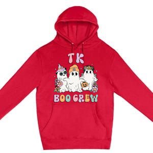 Tk Boo Crew Retro Groovy Halloween Floral Ghost Tk Teacher Premium Pullover Hoodie