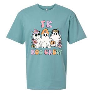 Tk Boo Crew Retro Groovy Halloween Floral Ghost Tk Teacher Sueded Cloud Jersey T-Shirt