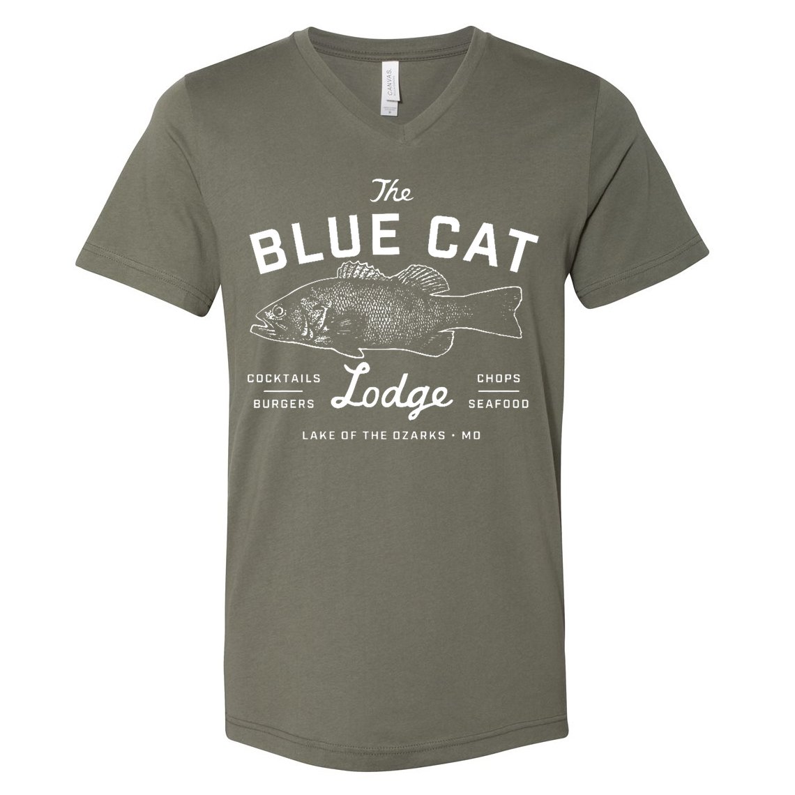 The Blue Cat Lodge Lake Of Ozarks Fish V-Neck T-Shirt