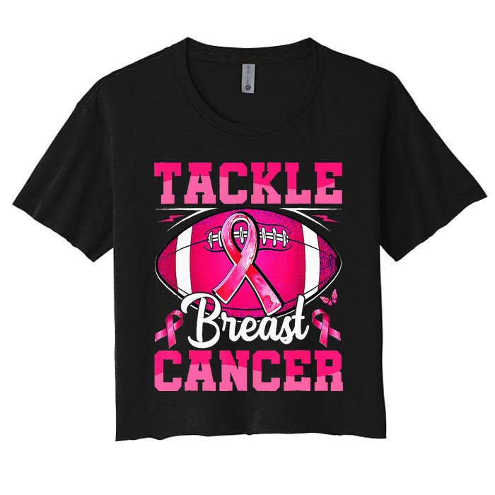 Tackle Breast Cancer Warrior Ribbon Football Women's Crop Top Tee