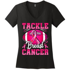 Tackle Breast Cancer Warrior Ribbon Football Women's V-Neck T-Shirt