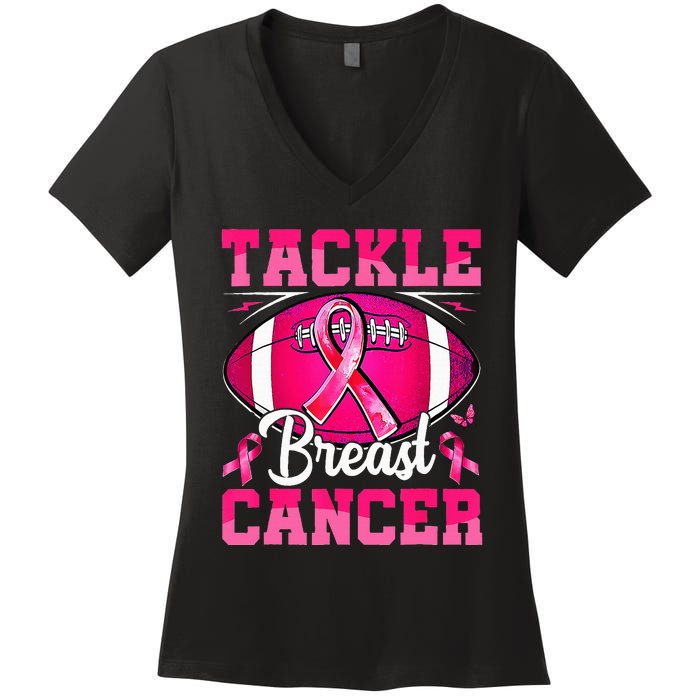 Tackle Breast Cancer Warrior Ribbon Football Women's V-Neck T-Shirt