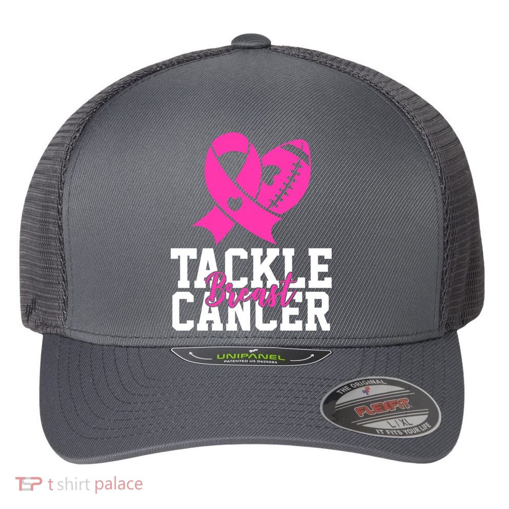 Tackle Breast Cancer Ribbon Football Flexfit Unipanel Trucker Cap