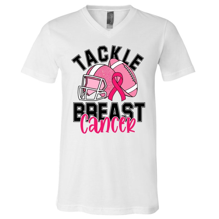 Tackle Breast Cancer Football Ribbon Awareness V-Neck T-Shirt