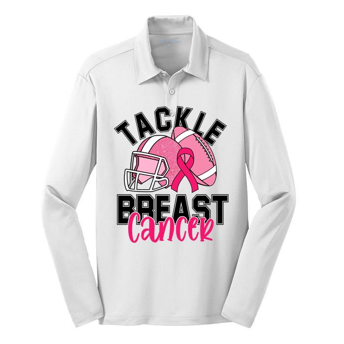 Tackle Breast Cancer Football Ribbon Awareness Silk Touch Performance Long Sleeve Polo