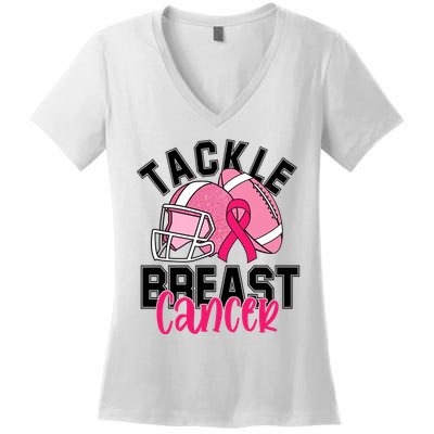 Tackle Breast Cancer Football Ribbon Awareness Women's V-Neck T-Shirt