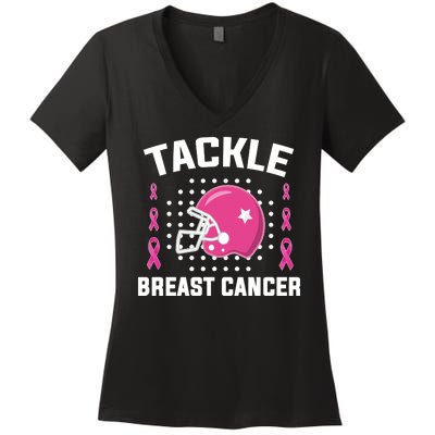 Tackle Breast Cancer Football Helmet Women's V-Neck T-Shirt