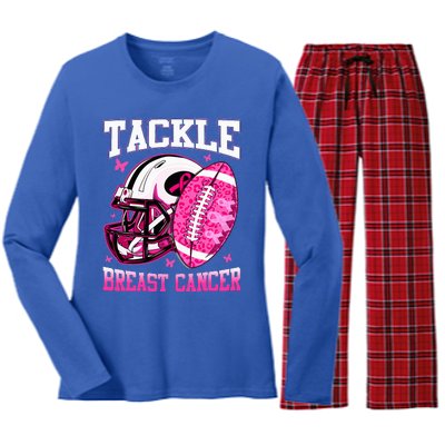 Tackle Breast Cancer Awareness Pink Ribbon Football Women's Long Sleeve Flannel Pajama Set 