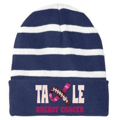 Tackle Breast Cancer Awareness Football Striped Beanie with Solid Band